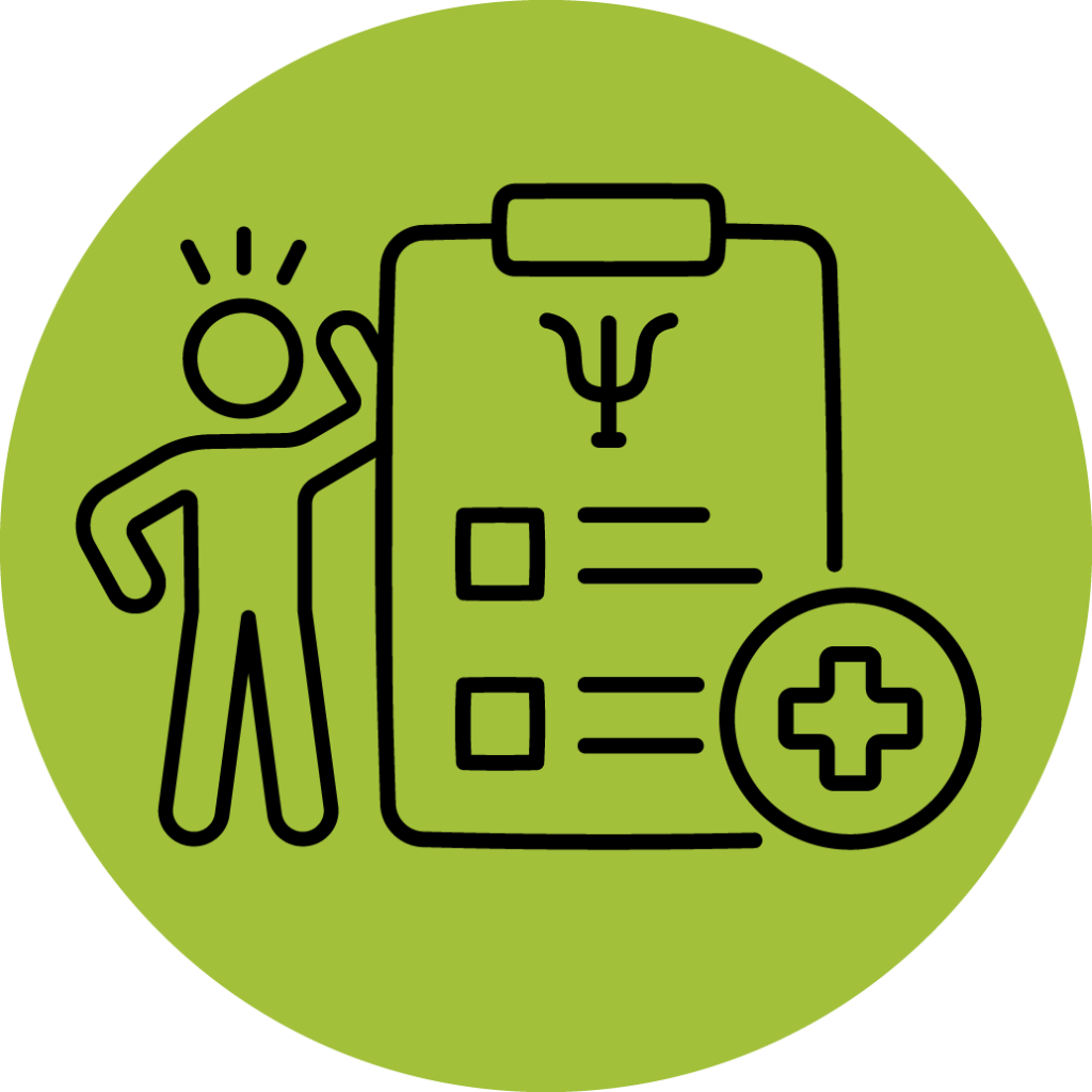 Outline of a person standing next to a clipboard with check boxes on it on a green circle