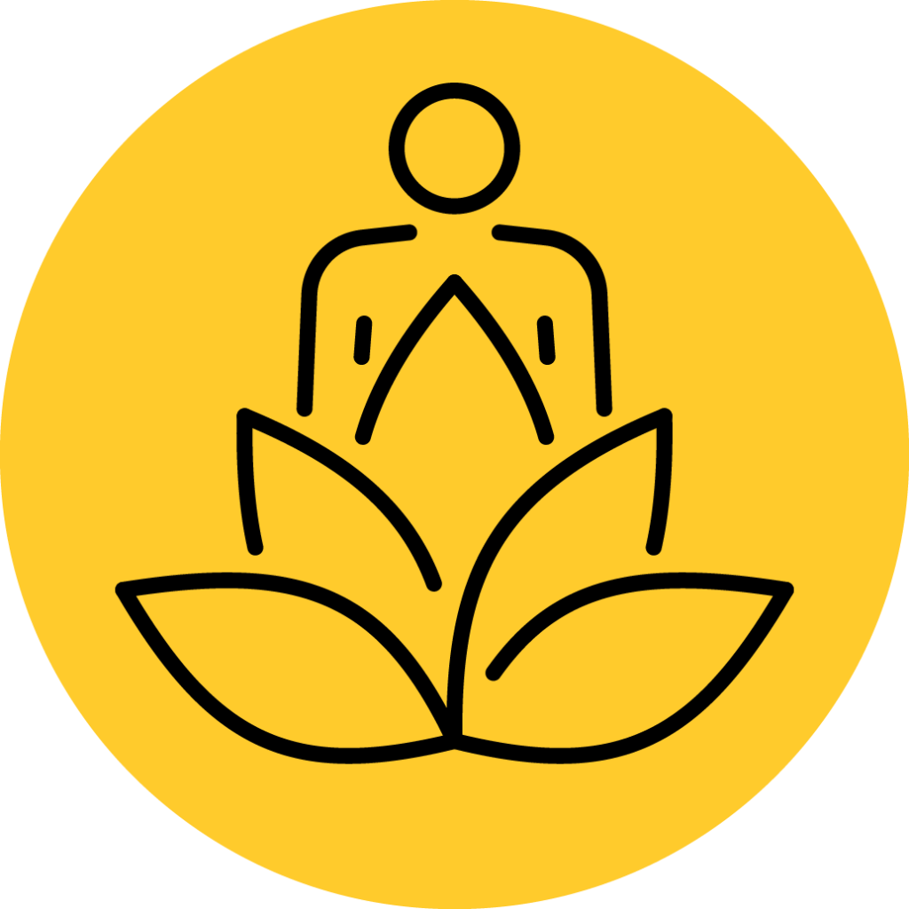Outline of a person behind a leafy plant on a yellow circle