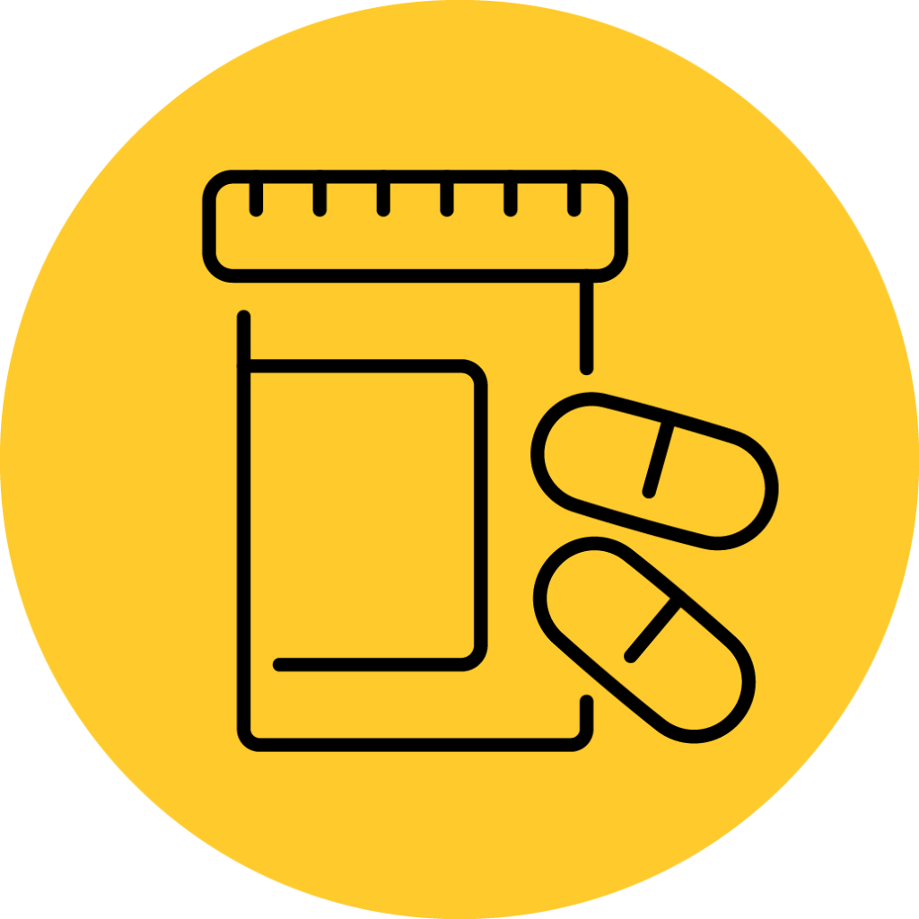 Outline of a pill bottle and two pills on a yellow circle