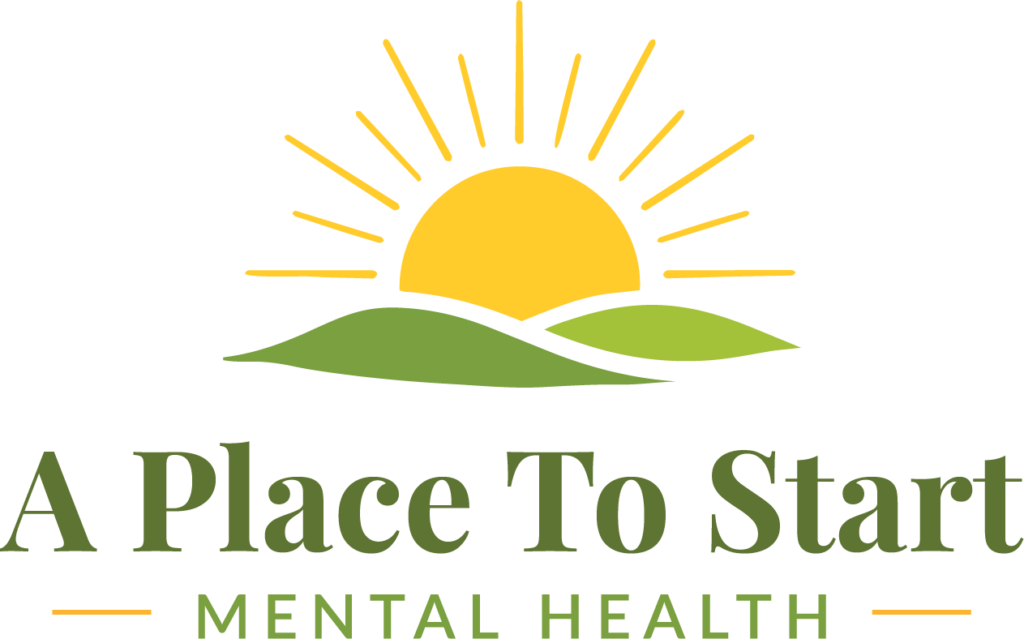 Logo of a yellow sun rising from behind two green hills. "A Place To Start" is placed below the hills in a darker green and "Mental Health" is written below with a yellow dash on the left and right of the words