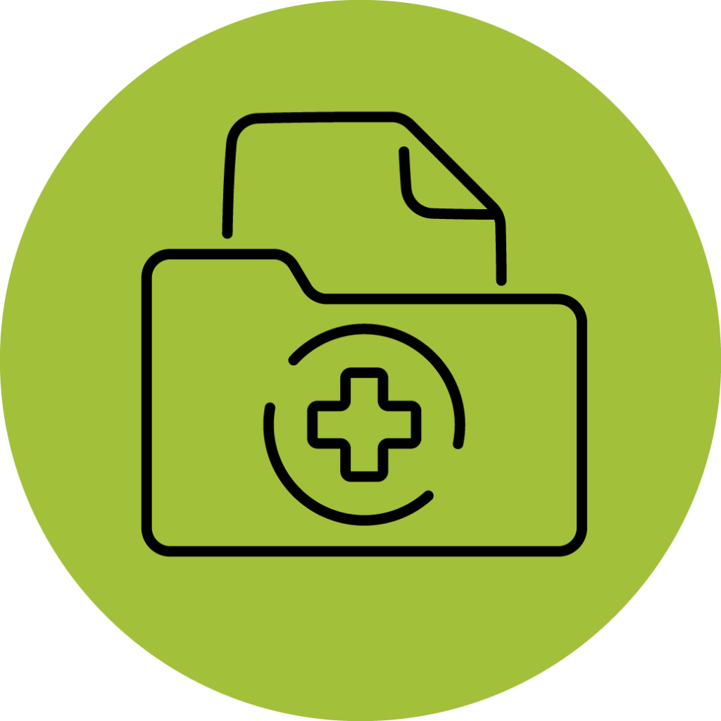Outline of a folder with a piece of paper in it and a cross on the front on a green circle
