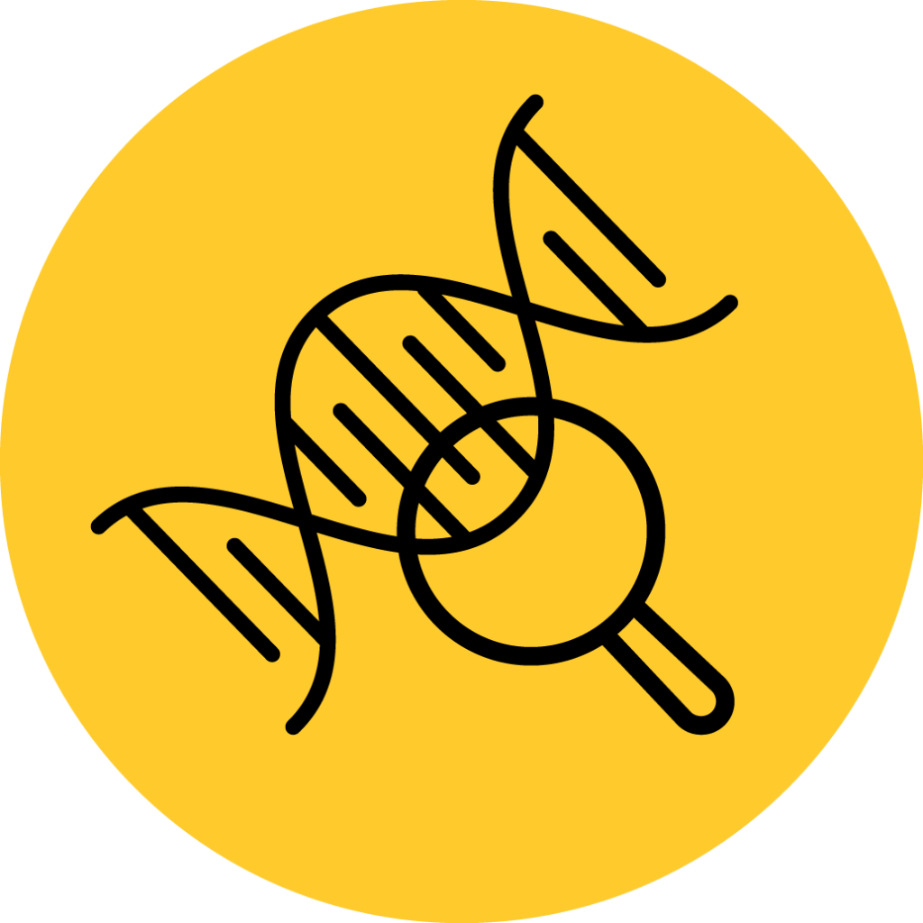 Outline of a DNA strand under a magnifying glass on a yellow circle